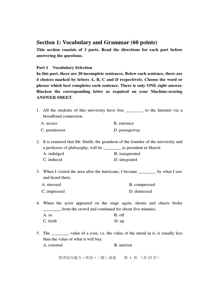 Vocabulary and Grammar Test Guide | PDF