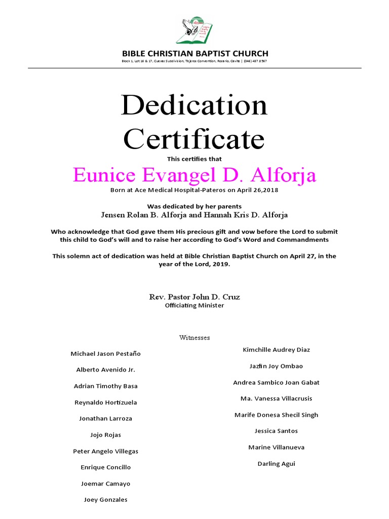 Dedication Certificate: Eunice Evangel D. Alforja | PDF