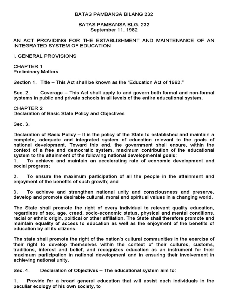 Batas Pambansa Bilang 232 | PDF | Teachers | Schools