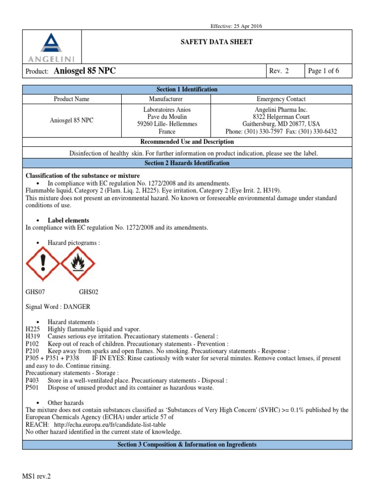 Aniosgel 85 NPC Safety Data Sheet | PDF | Toxicity | Dangerous Goods
