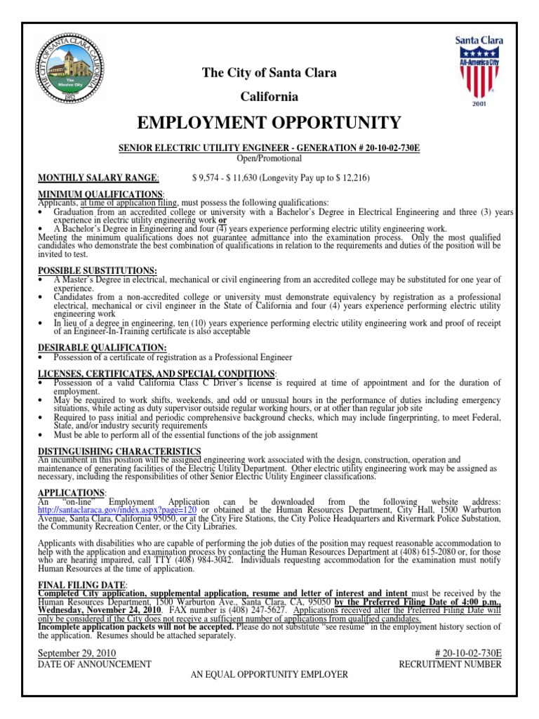 Employment Opportunity The City of Santa Clara California PDF