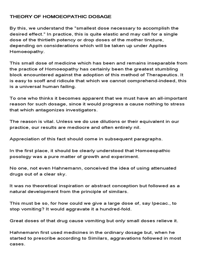 Theory of Homoeopathic Dosage | PDF | Homeopathy | Dose (Biochemistry)