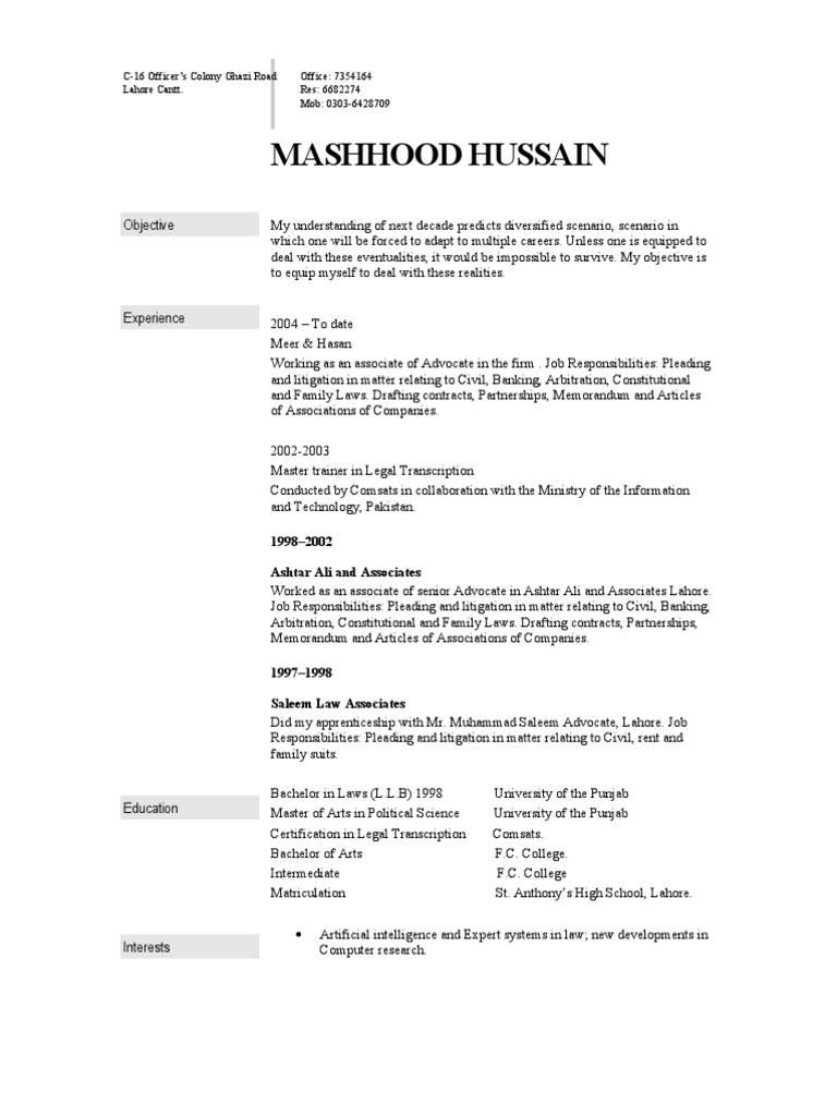 Advocate Resume of Mashhood Hussain | PDF | Advocate | Lawsuit