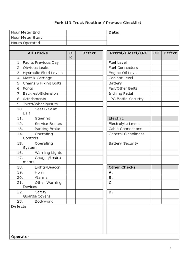 Forklift Checklist PDF Tire Truck