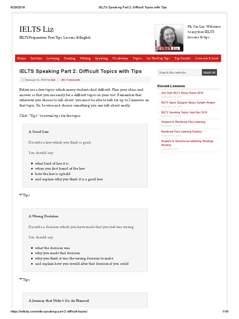 IELTS Speaking Part 2 - Difficult Topics With Tips PDF | PDF ...