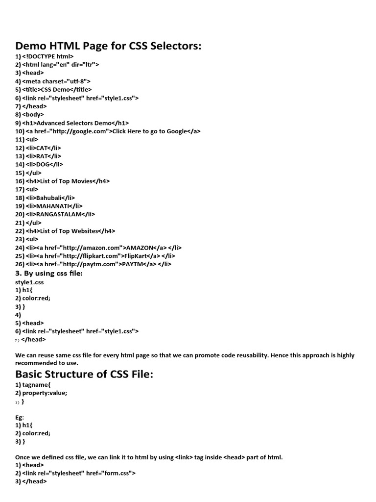 Demo HTML Page For CSS Selectors:: 3. by Using Css File | PDF