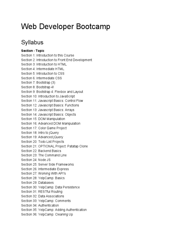 Web Developer Bootcamp Syllabus | PDF