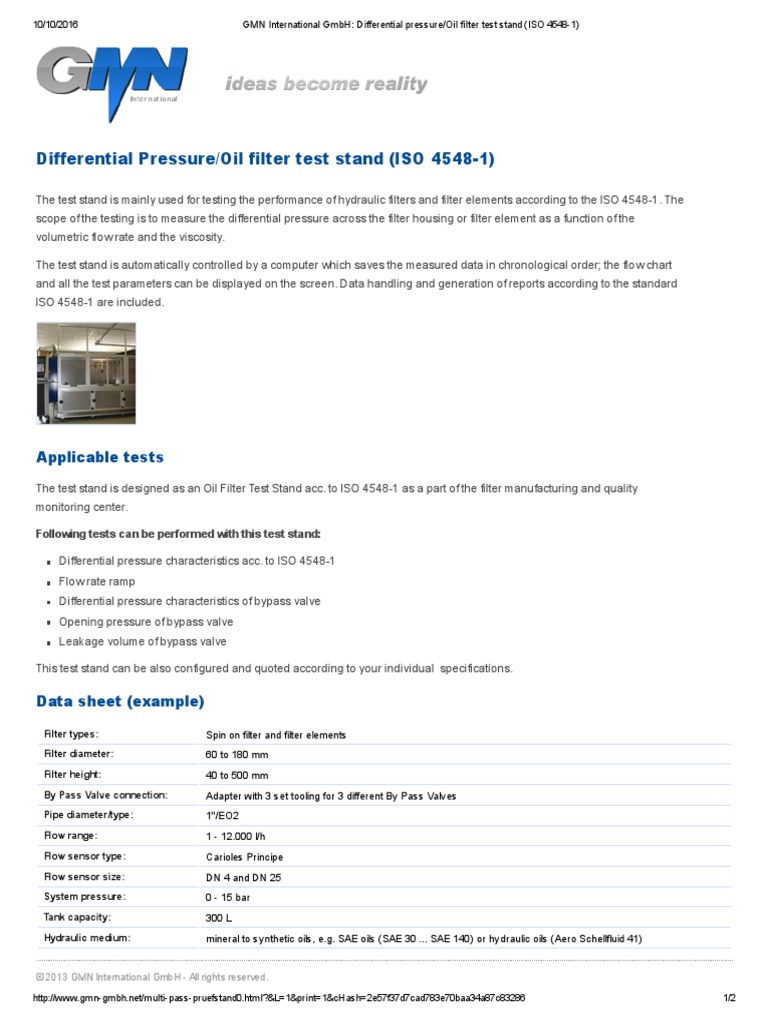 GMN International GMBH - Differential Pressure - Oil Filter Test Stand ...