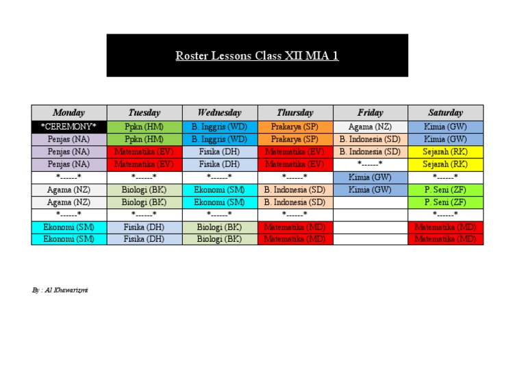 Roster Lessons Class XII MIA 1: Monday Tuesday Wednesday Thursday ...