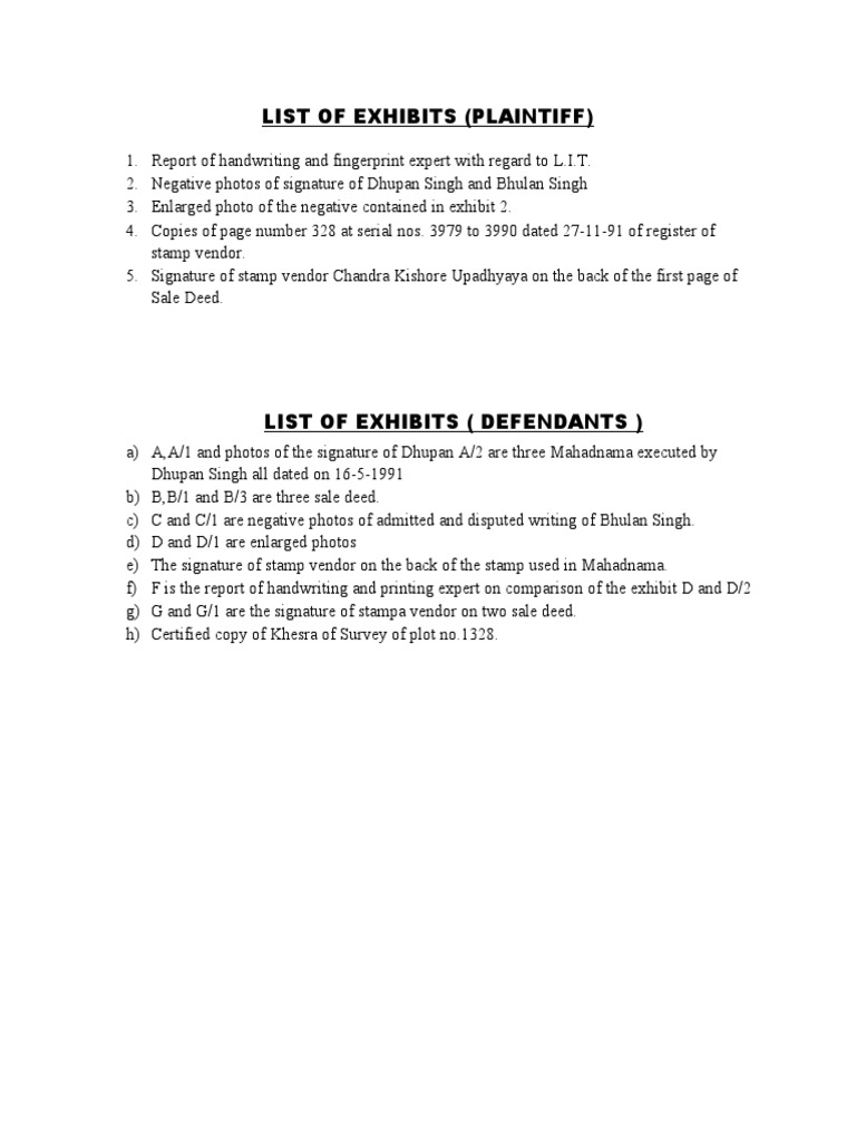 List of Exhibits