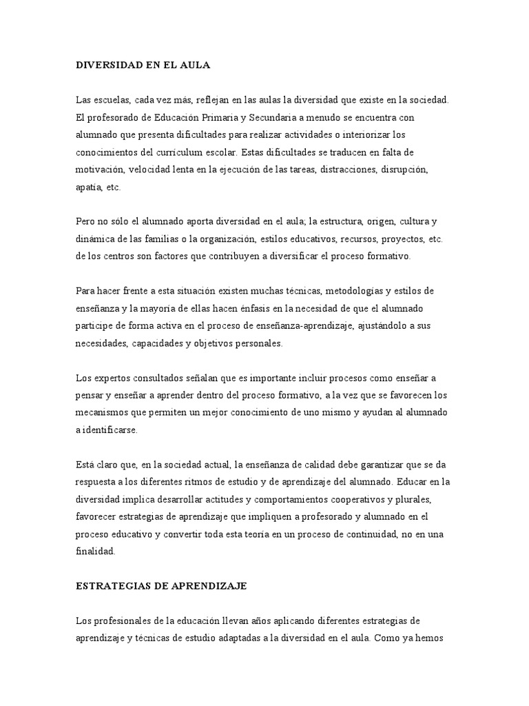Diversidad en El Aula | PDF | Aprendizaje | Inclusión (Educación)
