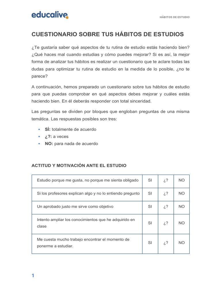 Cuestionario Habitos Estudio | PDF | Cuestionario | Prueba (evaluación)