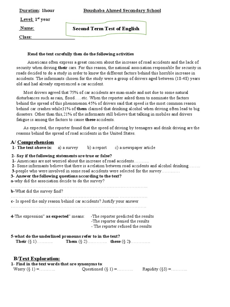 Second Term Test of English Level 1 Year Name Class PDF Traffic Collision Verb