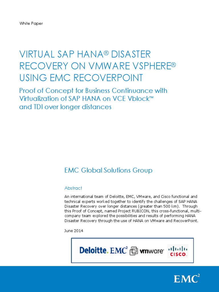 H13185 Virtual SAP HANA Disaster Recovery On VMware Vsphere Using EMC ...