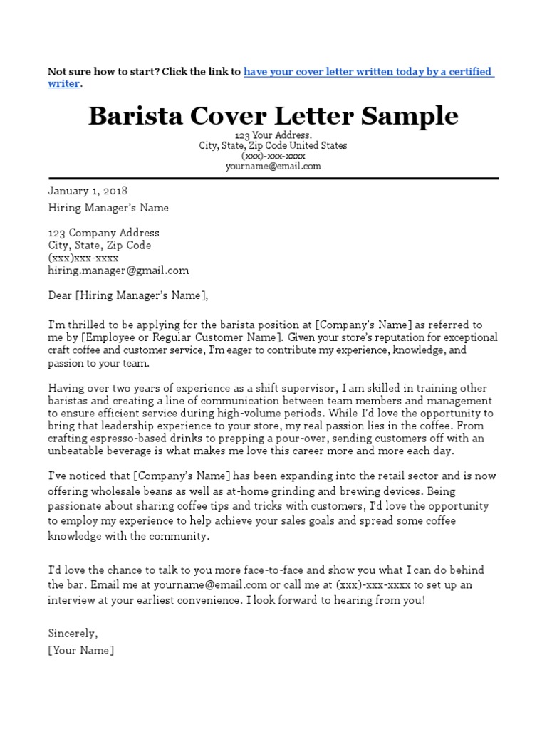 Barista Cover Letter Sample Msword Download Resume Coffee