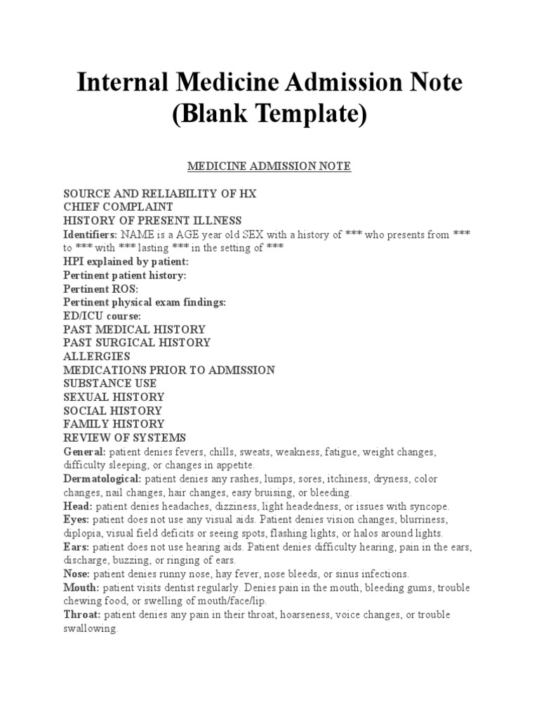 Internal Medicine Admission Note | PDF | Medical Specialties | Clinical ...