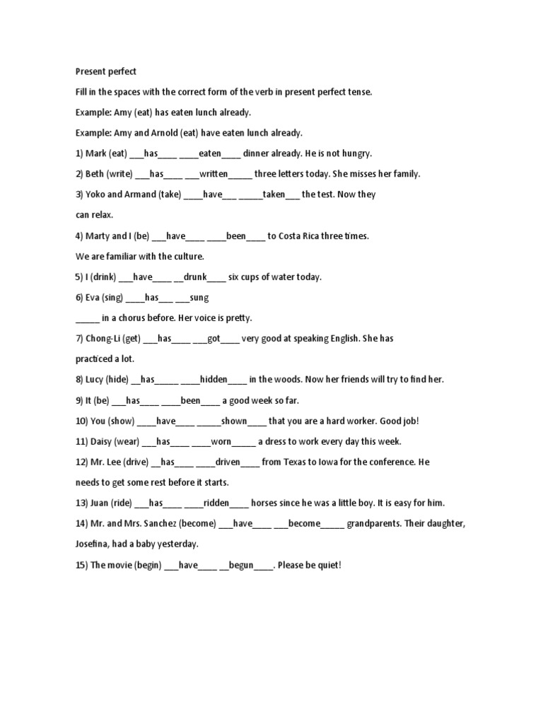 Present Perfect Tense Exercises | PDF | Language Arts & Discipline
