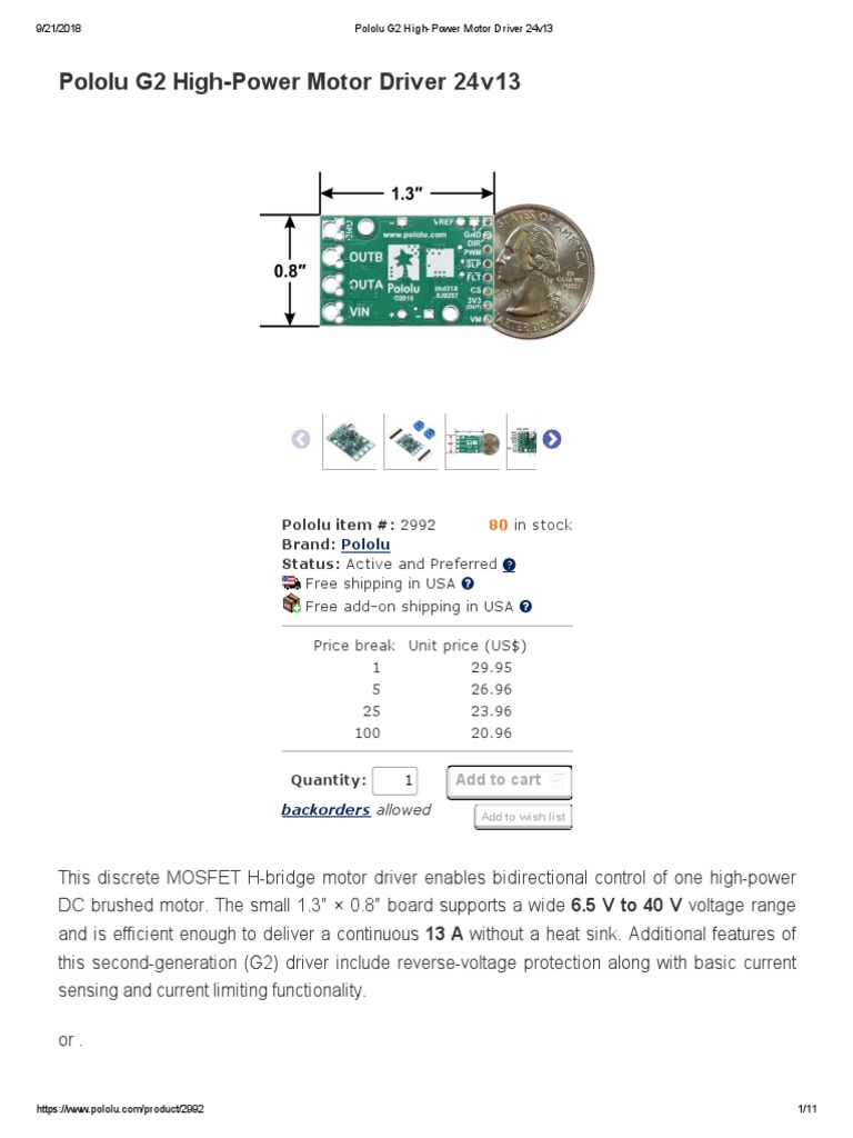 Pololu G2 HighPower Motor Driver 24v13 Download Free PDF Power