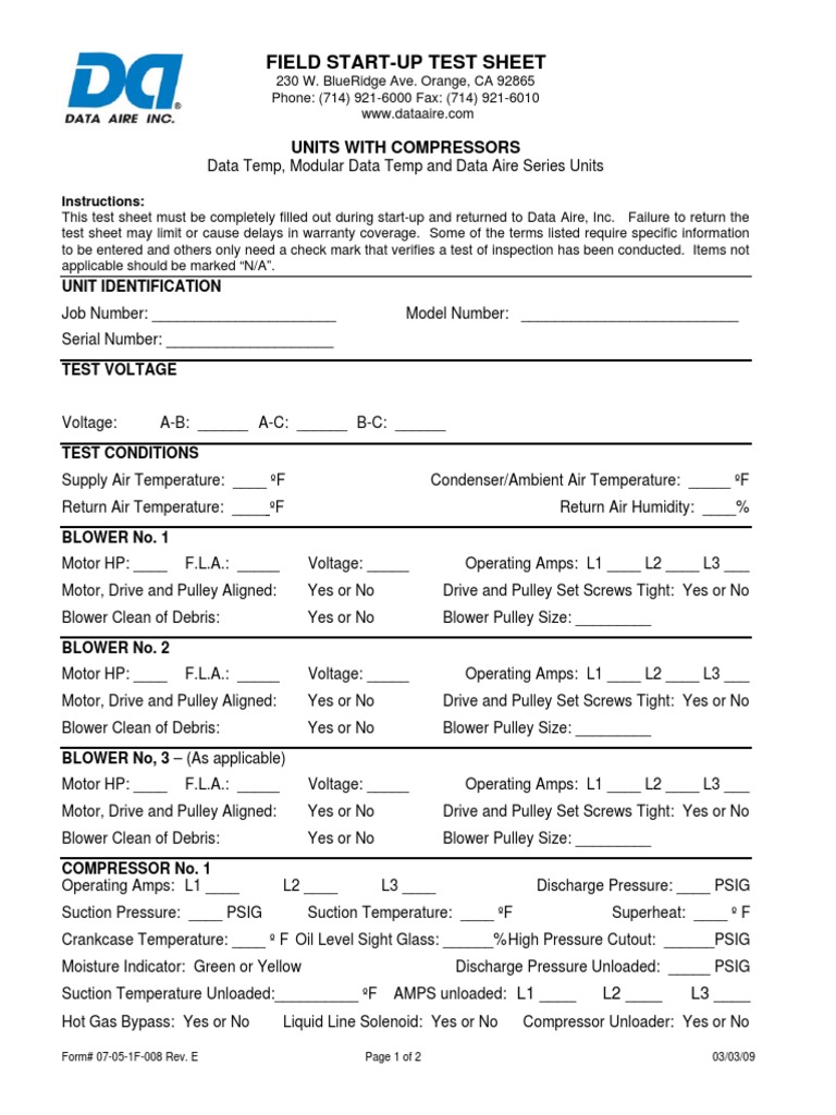Field Start-Up Test Sheet: Units With Compressors | Download Free PDF ...
