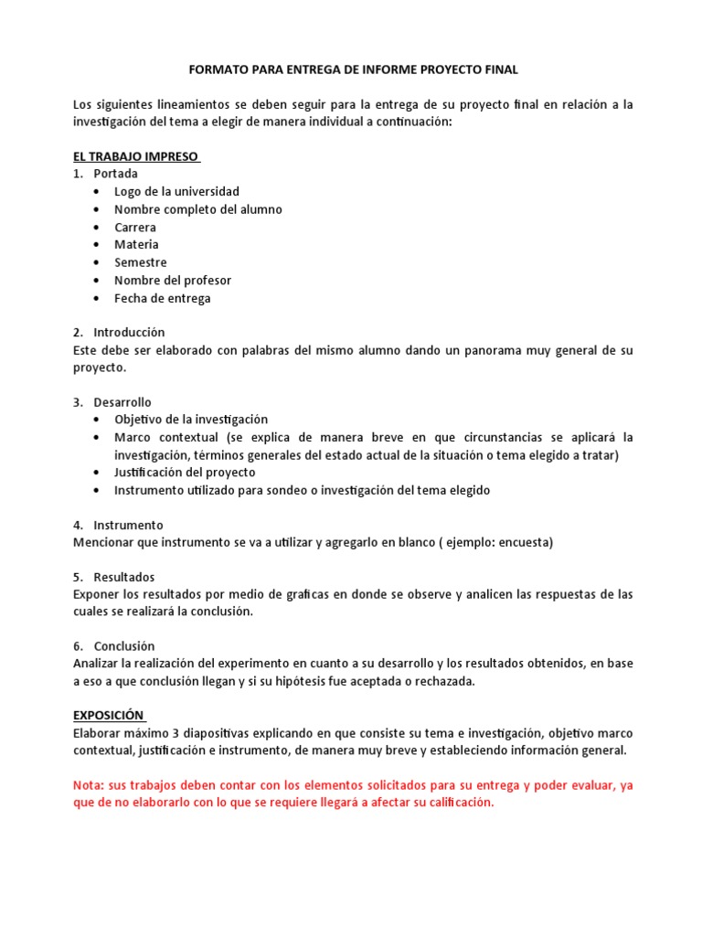 Formato para Entrega de Informe Proyecto Final | PDF