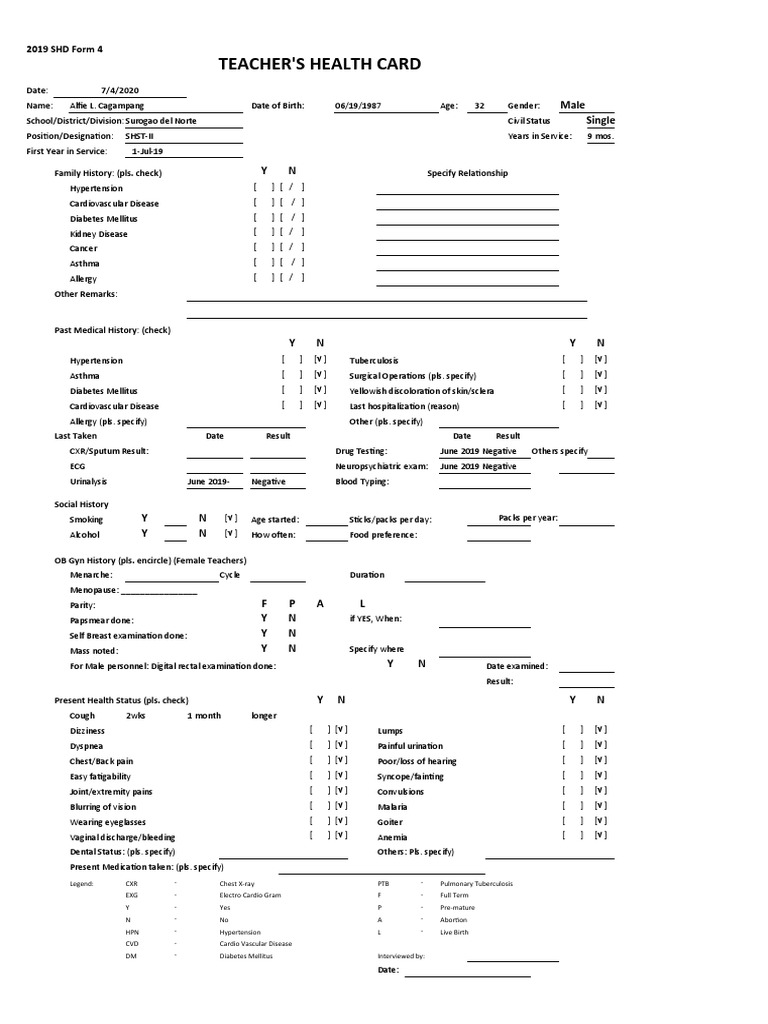 Teacher'S Health Card Male Single PDF Dentures Medical Specialties