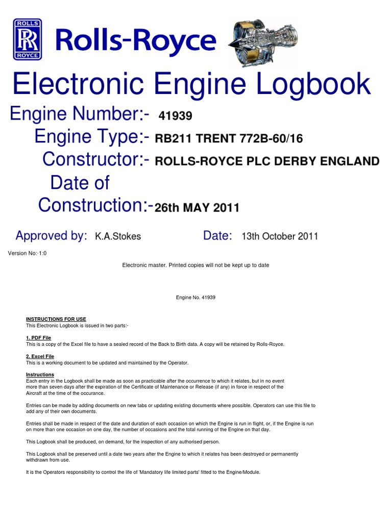Electronic Engine Logbook Engine NumberEngine Type Constructor