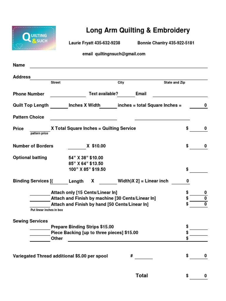 Quilt Pricing Worksheet Template | PDF