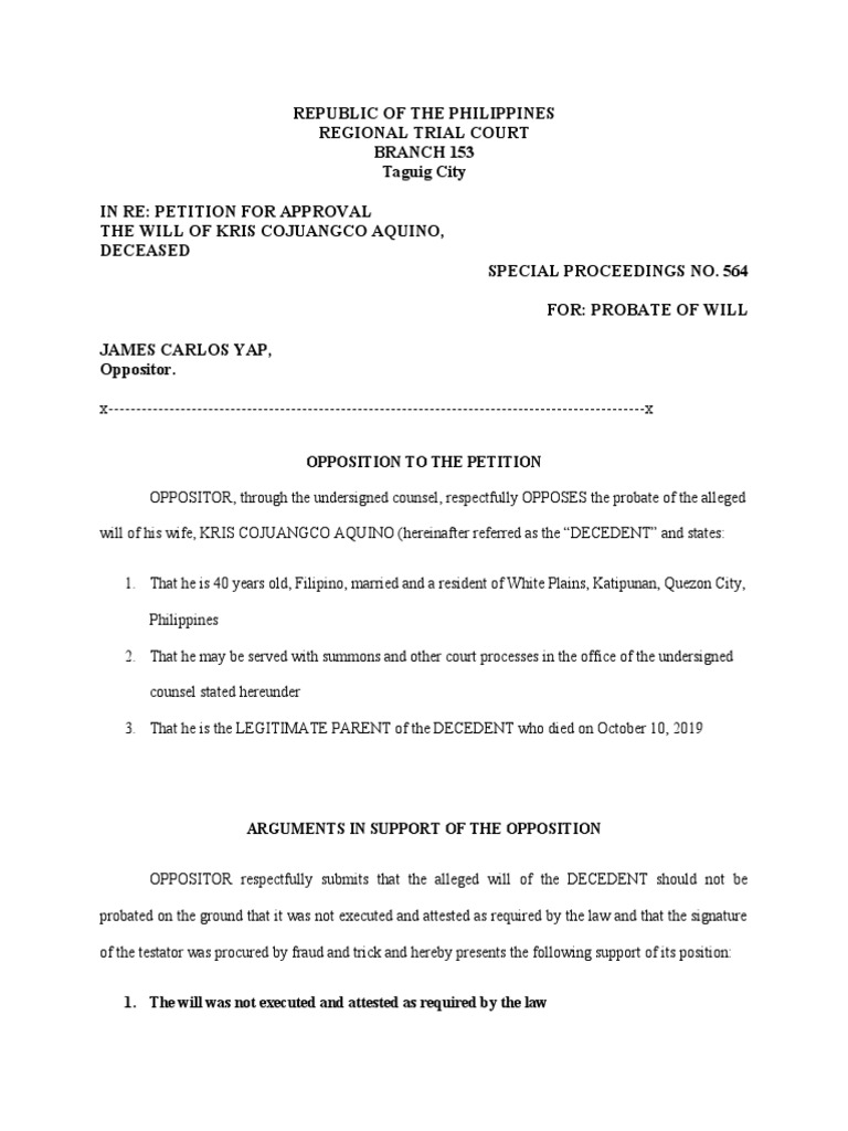Opposition To The Petition | PDF | Will And Testament | Probate
