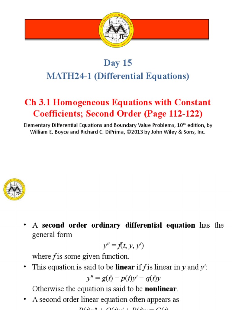 16.3.1 - Homogeneous Equations With Constant Coefficients Second Order ...