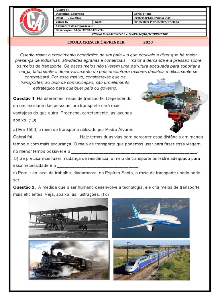 Atividades sobre Meios de Transporte 5º Ano | PDF | Transporte | Terra