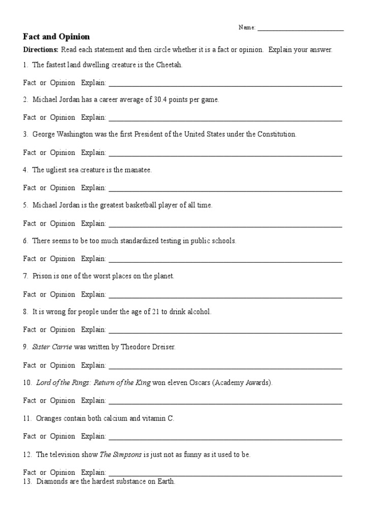 Fact and Opinion Worksheet | PDF