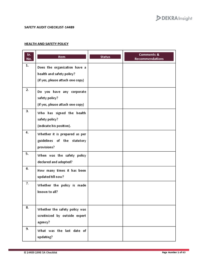 Sr. No. Item Status Comments & Recommendations: Safety Audit Checklist ...