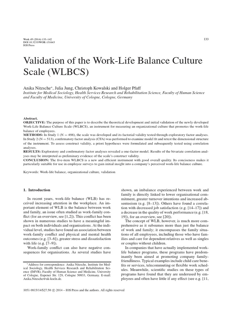 Validation of The Work-Life Balance Culture Scale (WLBCS) | PDF ...