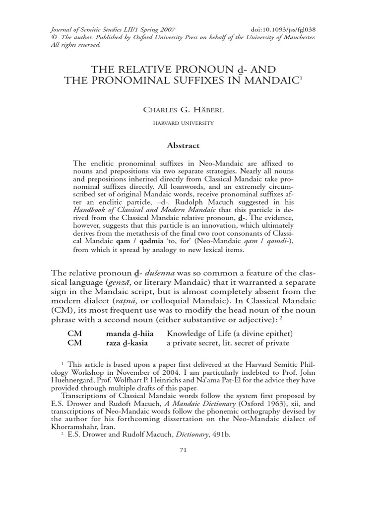 The Relative Pronoun - and The Pronominal Suffixes in Mandaic | PDF ...