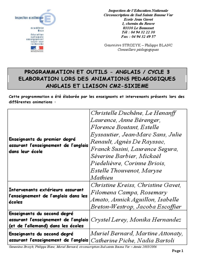 Programmation Anglais Cycle3 Pdf Nombre Grammatical Genre Grammatical