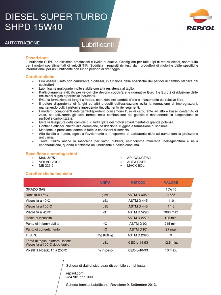 Repsol Diesel Super Turbo SHPD 15W40 | PDF