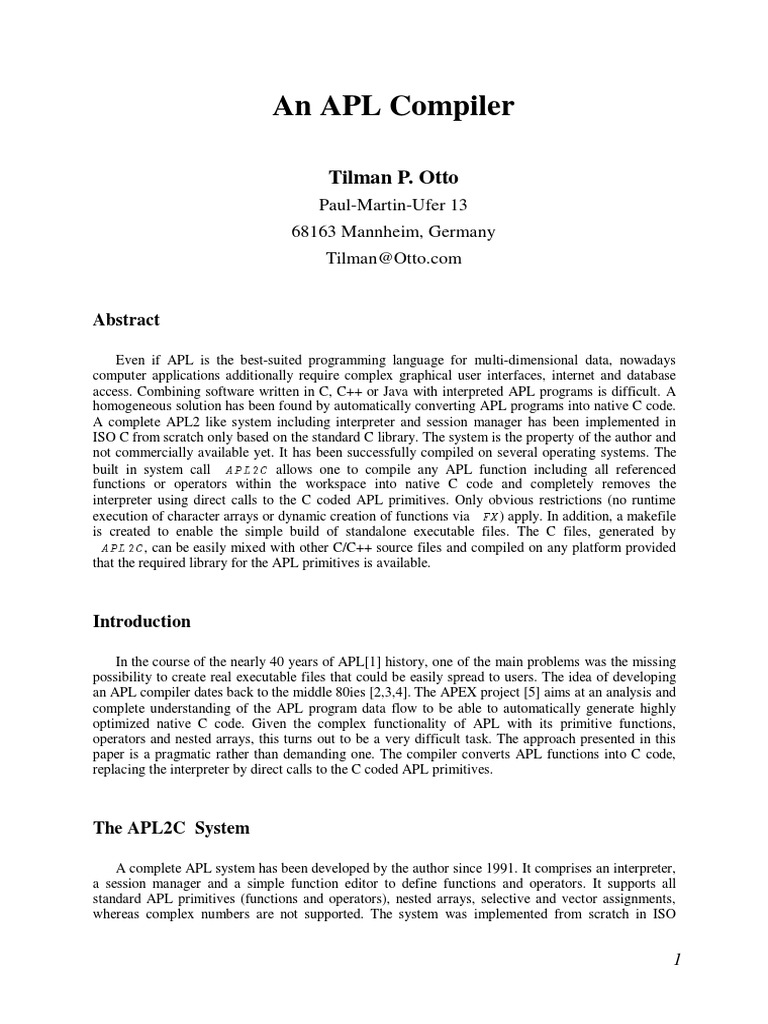 An APL Compiler: Tilman P. Otto | PDF | Apl (Programming Language) | C ...