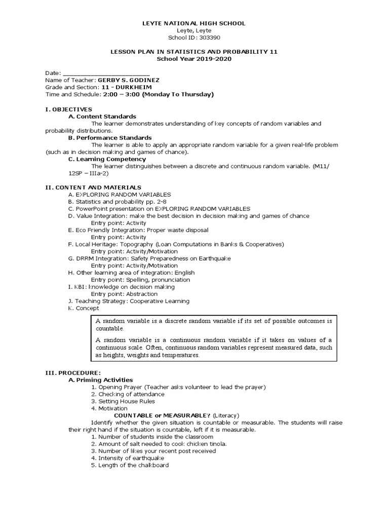 Lesson Plan: Statistics & Probability 11 | PDF | Probability ...