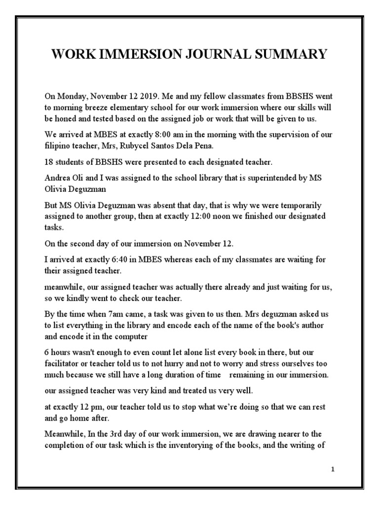 Work Immersion Journal Summary | PDF | Cognition | Learning