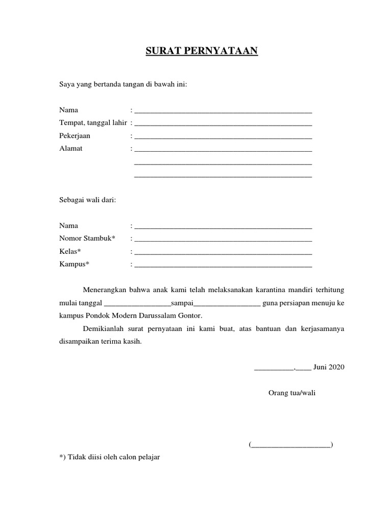 Surat Pernyataan Karantina Mandiri