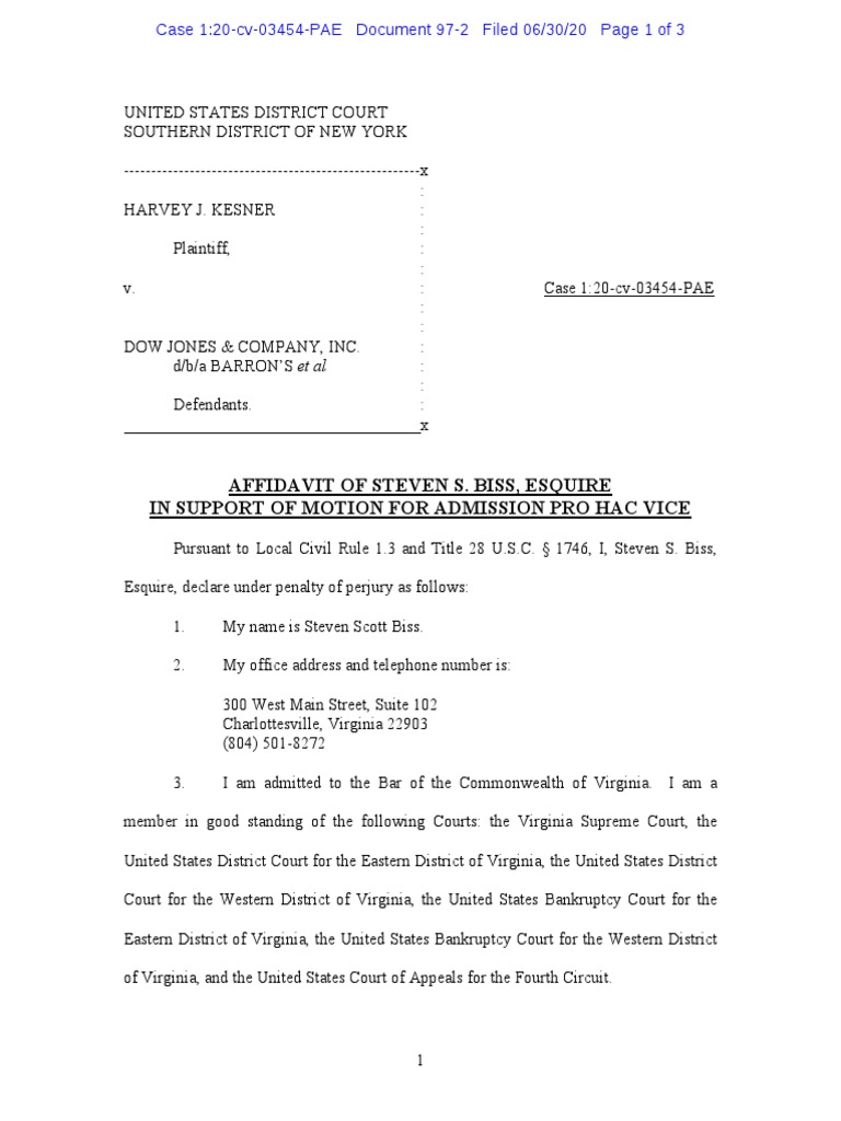 Biss Statement To Be Admitted For Pro Hac Vice Sdny 6.30.20 PDF