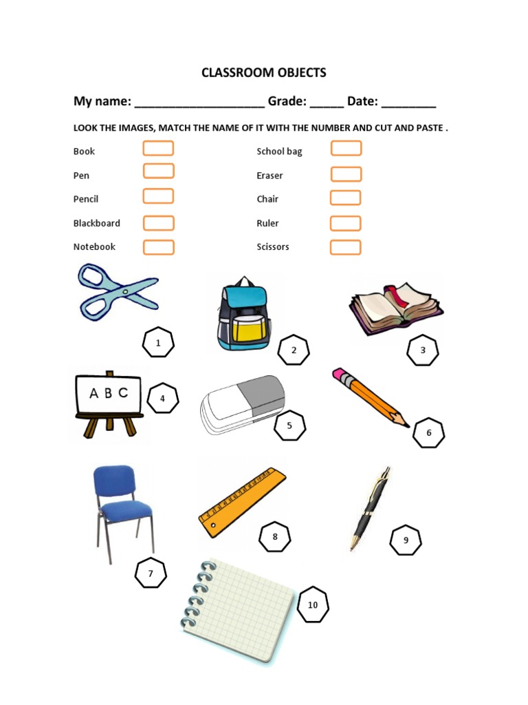 Classroom Objects Cut and Paste Activity | PDF