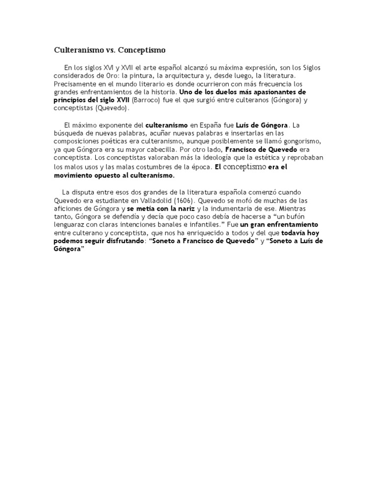 Culteranismo Vs Conceptismo Pdf Poesía Literatura En Español