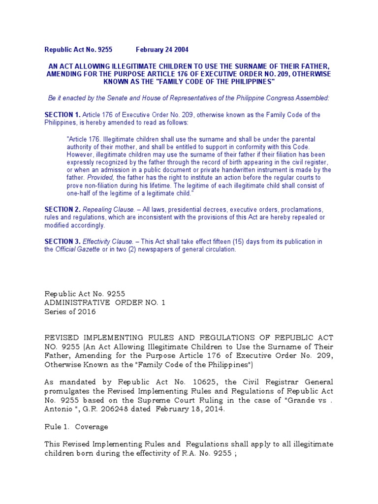 Ra 9225 An Act Allowing Illegitimate Children To Use The Surname of Their Father PDF Birth
