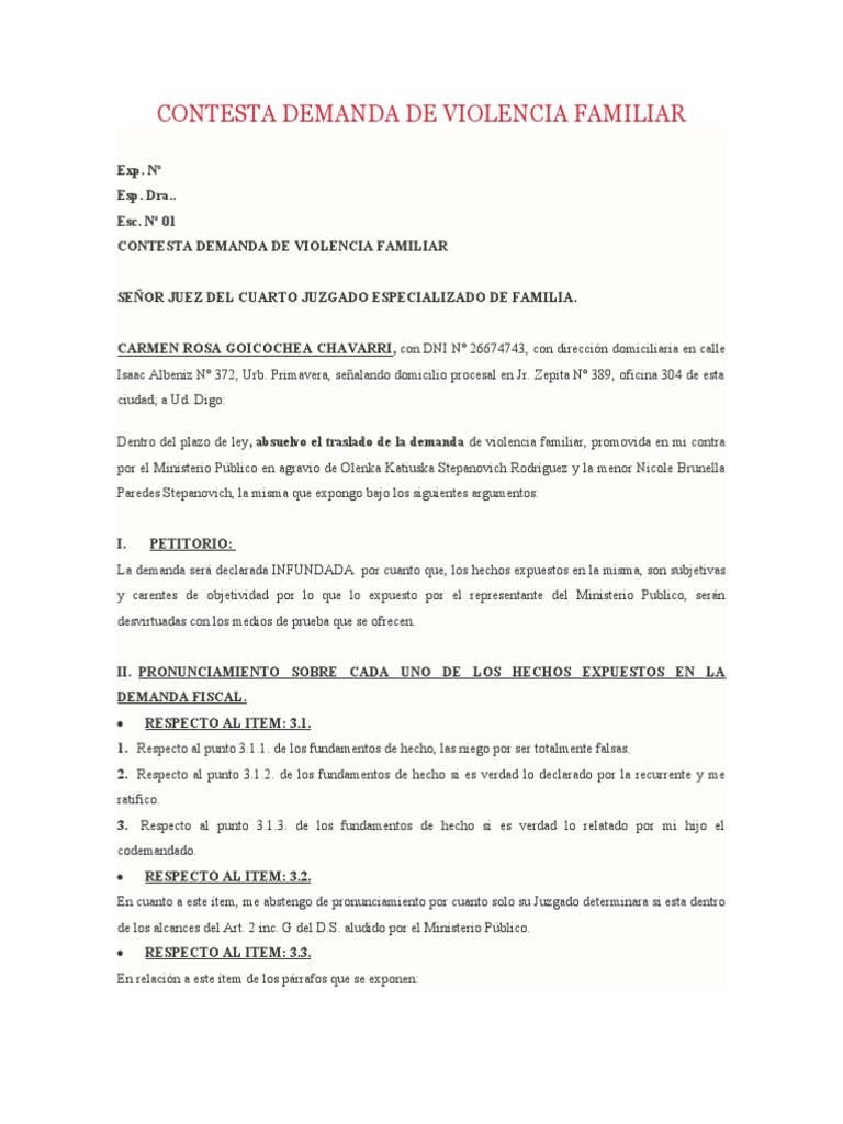 Contesta Demanda de Violencia Familiar | PDF | Violencia | Principios