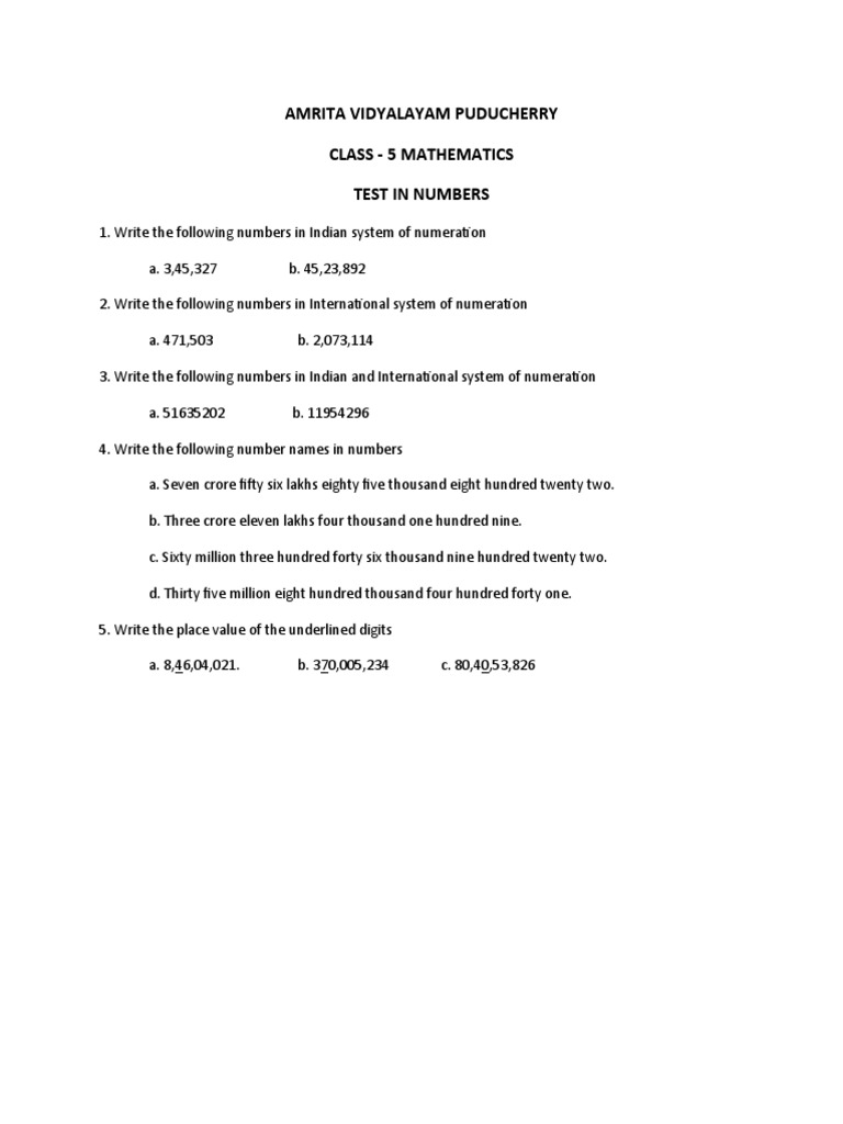 Amrita Vidyalayam Puducherry Class 5 Mathematics Test In Numbers Pdf