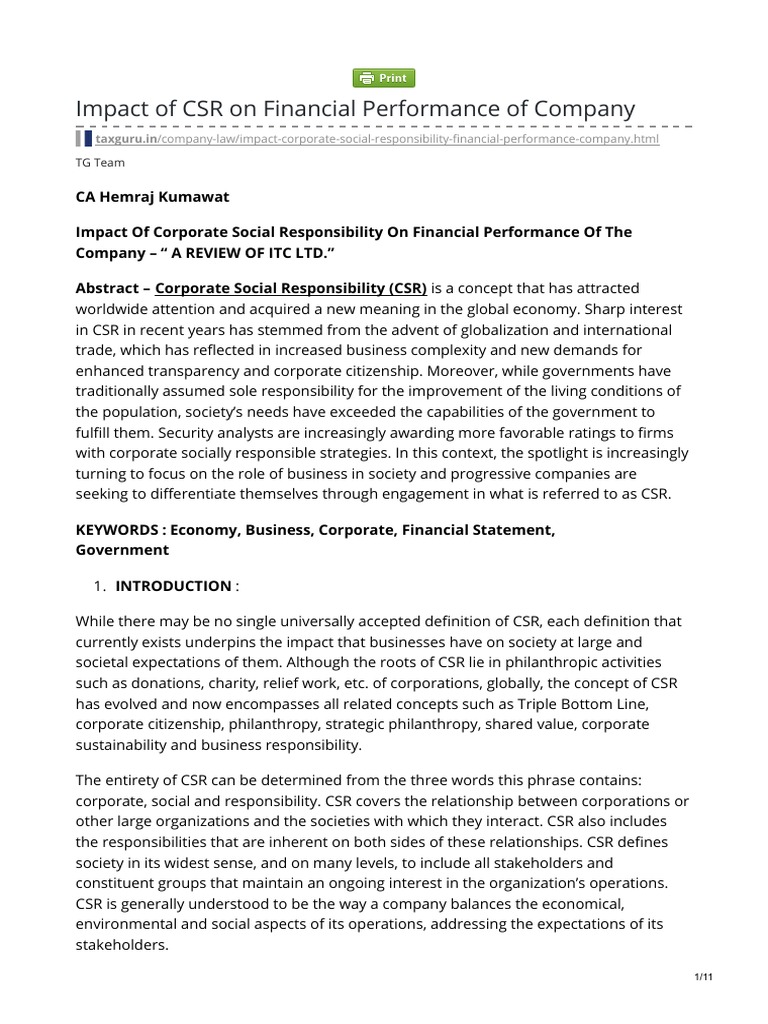 Taxguru - In-Impact of CSR On Financial Performance of Company | PDF ...