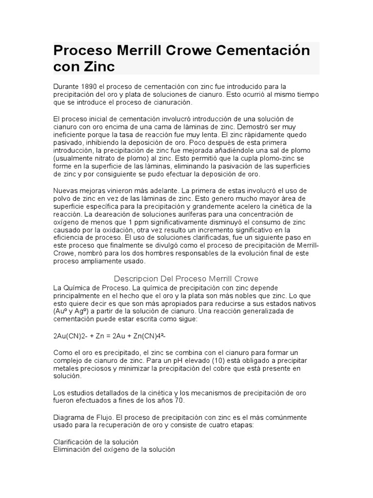 Proceso Merrill Crowe Cementación Con Zinc Pdf Precipitación 