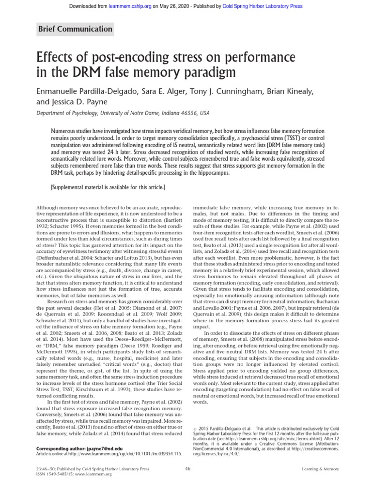 Effects of Post-Encoding Stress On Performance in The DRM False Memory ...