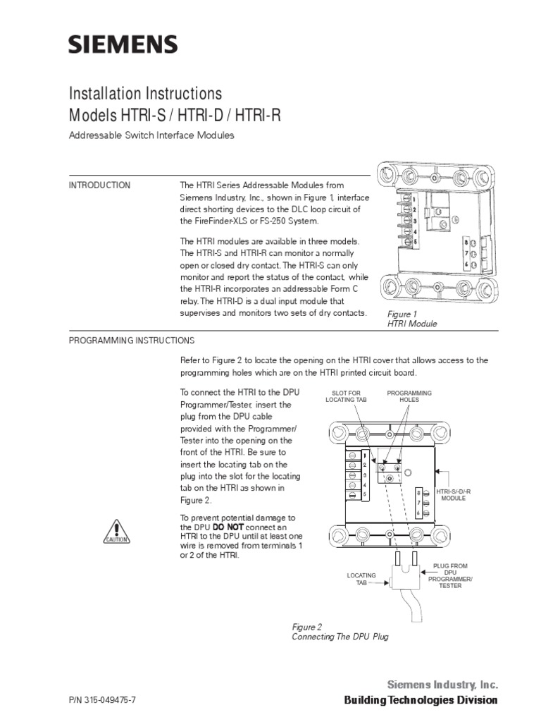 Installation Instructions for Siemens HTRI Series Addressable Switch